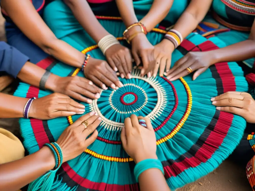 Mujeres indígenas tejiendo patrones vibrantes con poder femenino, tradición textil cultural