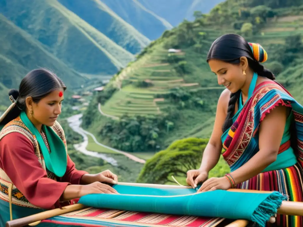 Tejedoras indígenas creando textiles sostenibles en América Latina Mujeres indígenas tejiendo textiles coloridos en telares de madera, rodeadas de montañas verdes y cielo azul