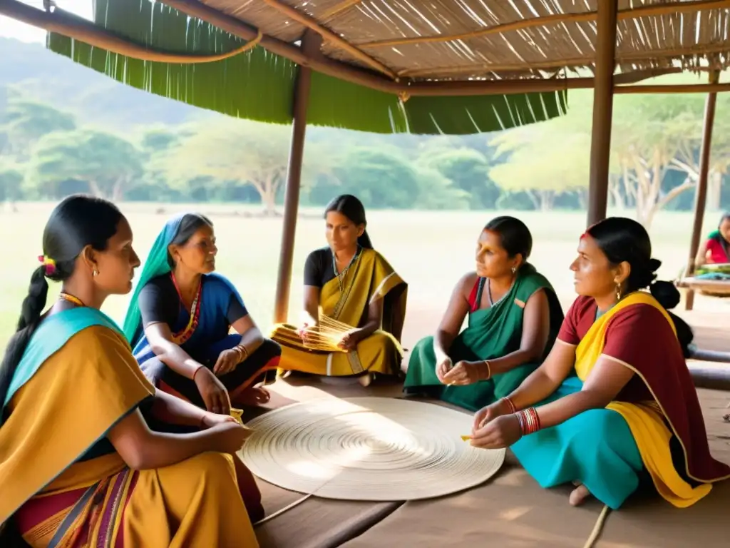 Mujeres indígenas tejiendo textiles tradicionales bajo un árbol, mostrando el poder femenino y la tradición textil cultural