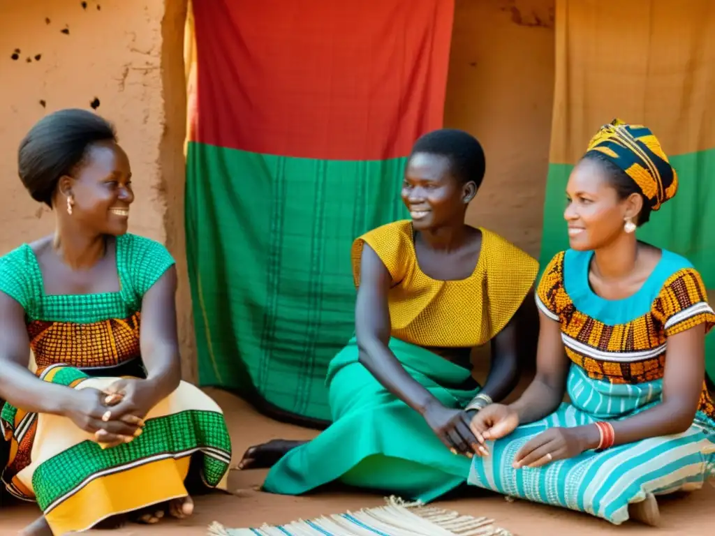 Mujeres de Burkina Faso tejiendo con motivos tradicionales y vibrantes colores, mostrando la rica herencia cultural del país