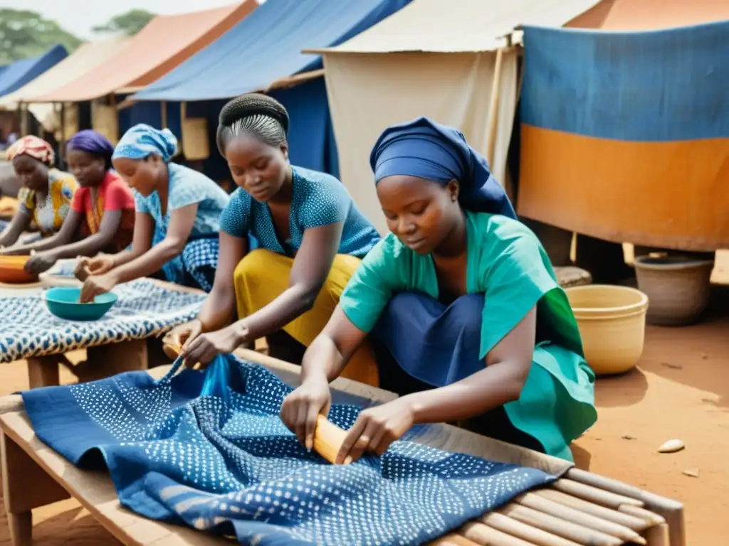 Mujeres nigerianas practicando la técnica tradicional de teñido de tela Adire al aire libre en un bullicioso mercado, destacando la supervivencia de las prácticas textiles en Nigeria