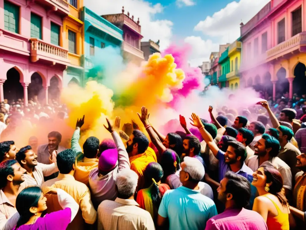 Multitud alegre celebra el Holi con patrones de color en las calles, creando un espectáculo vibrante y cultural