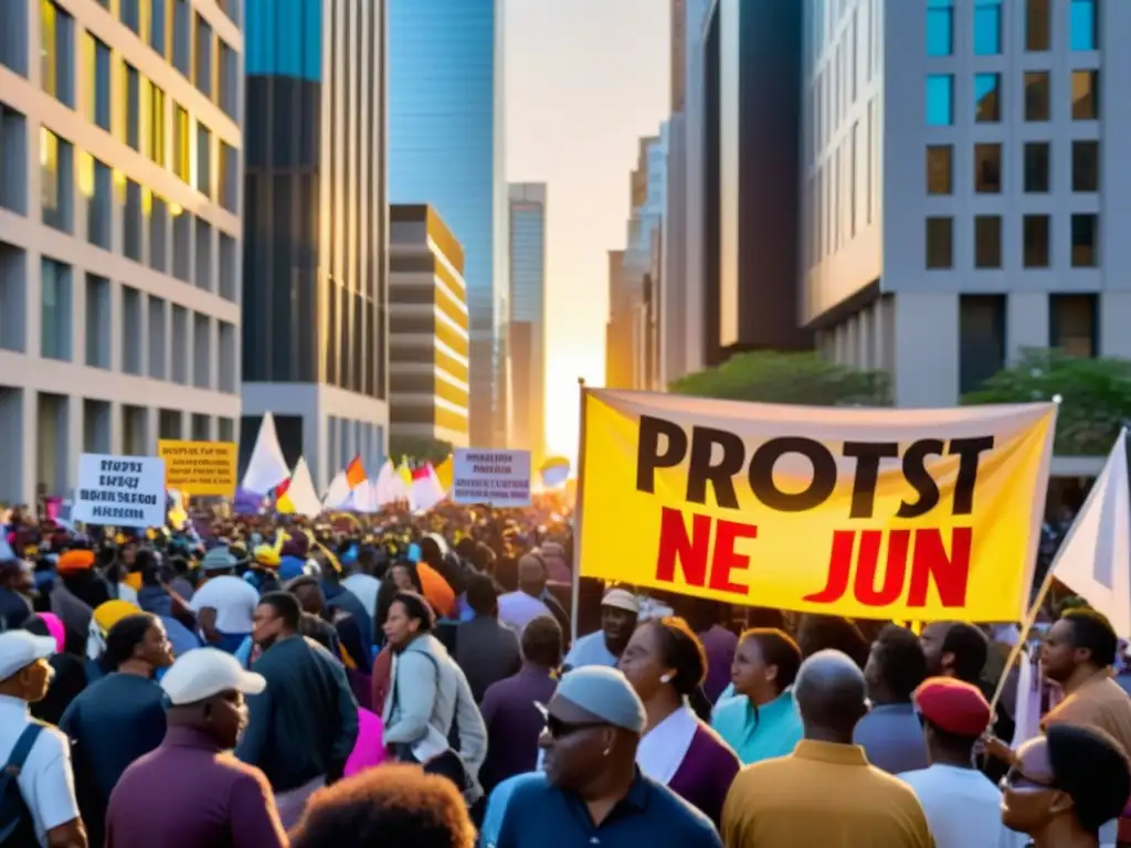 Una multitud marcha con pancartas coloridas en la ciudad al atardecer, mostrando la diversidad y energía de una movilización social