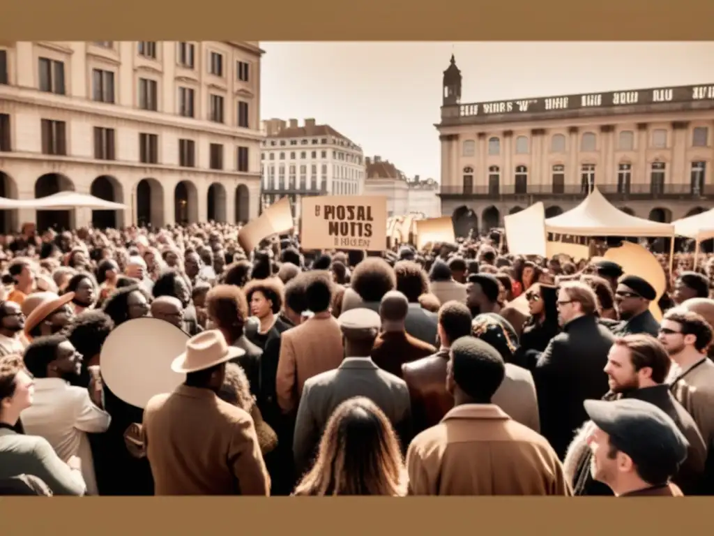 Una multitud se reúne en una plaza, sosteniendo pancartas y escuchando música en vivo