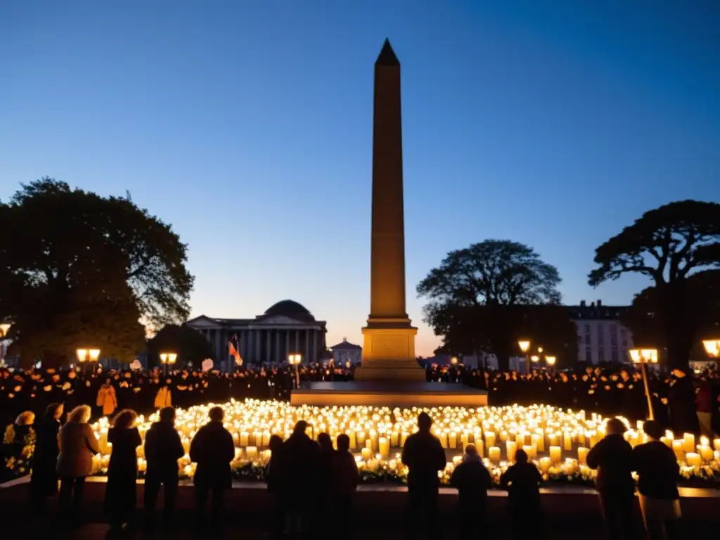 Una multitud se reúne en una plaza pública sosteniendo velas y pancartas, en un acto de conmemoración y solidaridad