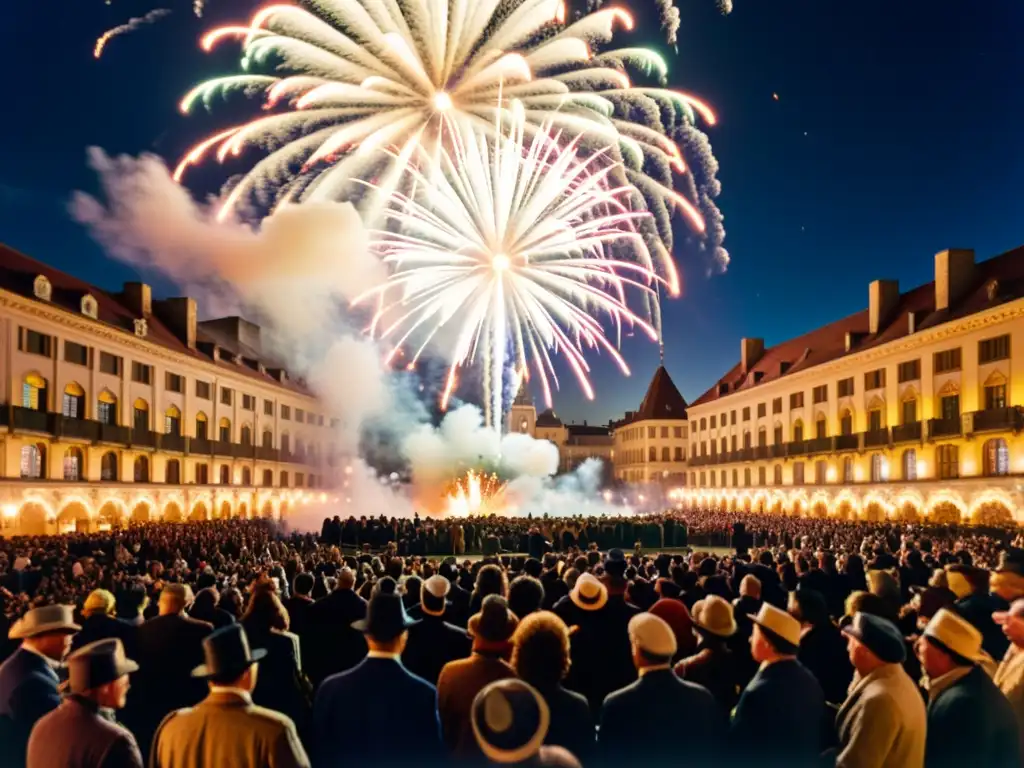 Una fotografía vintage de una multitud reunida en una plaza de la ciudad, con fuegos artificiales explotando en el cielo nocturno