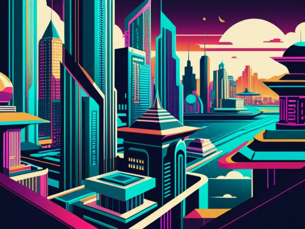 Un mundo de videojuegos futurista con arquitectura detallada y patrones ornamentales, evocando nostalgia y futurismo