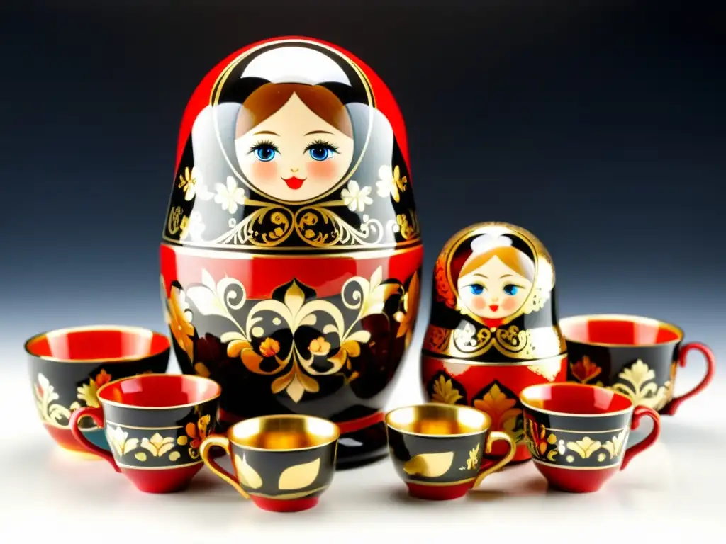 Muñeca rusa pintada a mano con diseños inspirados en patrones rusos, junto a tazas y platillos de porcelana Gzhel
