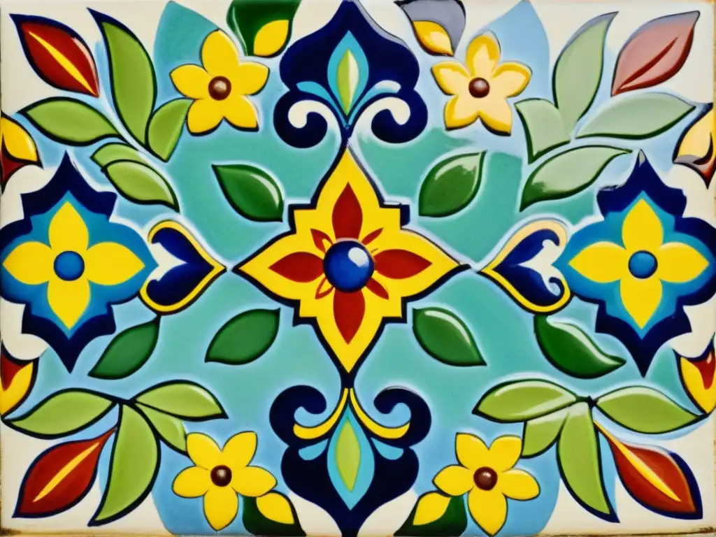 Un mural de azulejos de Talavera Poblana con patrones vibrantes y colores llamativos, exhibiendo la artesanía tradicional