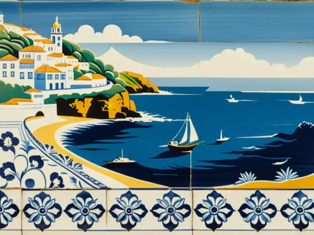 Un mural de azulejos tradicionales portugueses, con paisaje costero, artesanía y diseño en azul y blanco