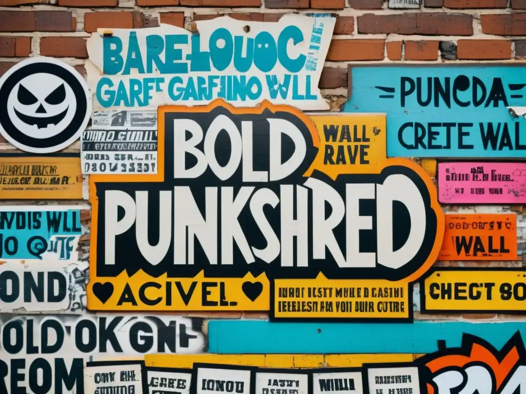 Un mural de ladrillos lleno de grafitis punk y patrones decorativos en la estética punk