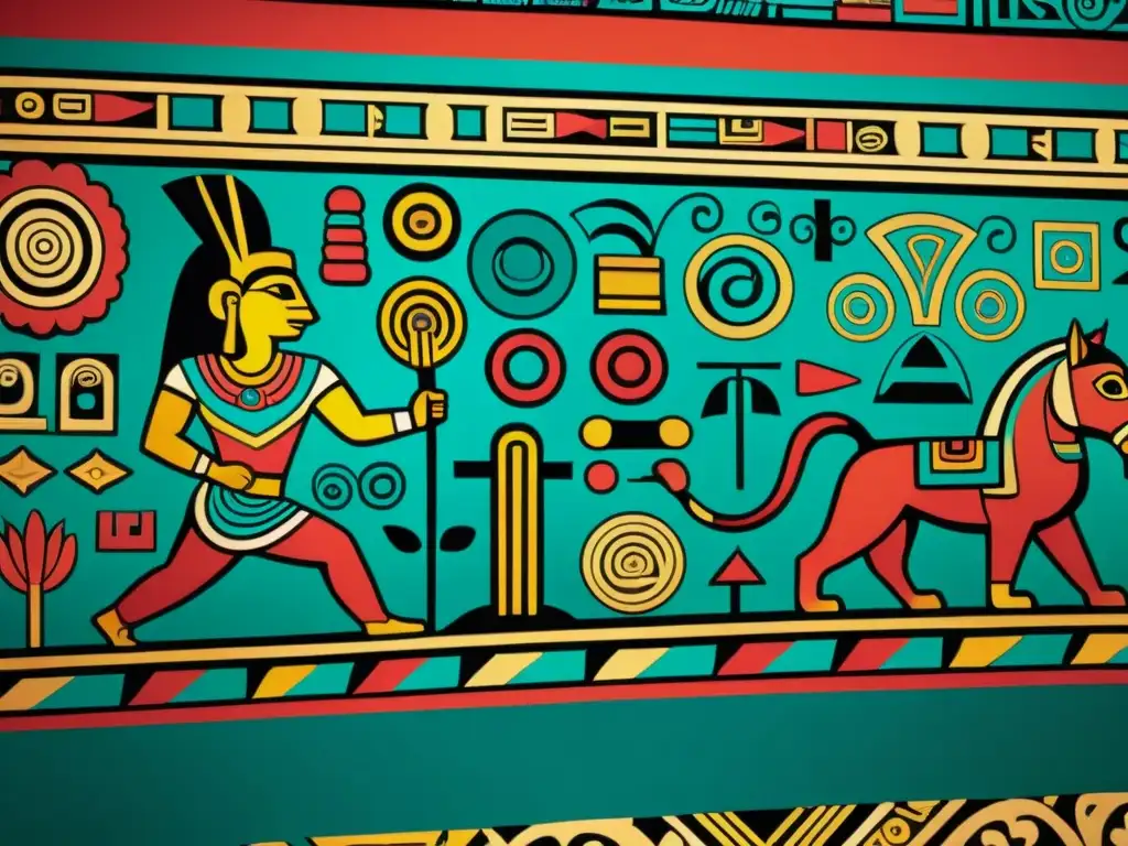 Un mural maya antiguo cobra vida con códigos QR, fusionando arte, patrones y historia