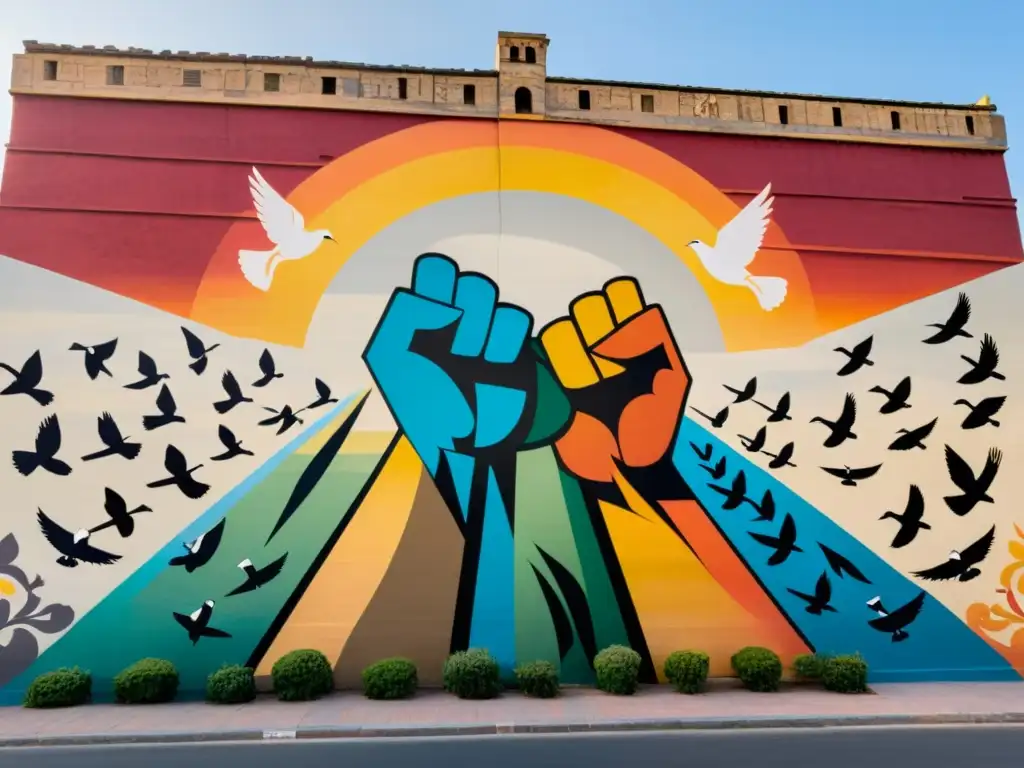 Murales de la Primavera Árabe: Unión y Revolución Un mural en la pared de la ciudad, con vibrantes colores y patrones simbólicos de las Primaveras Árabes que transmiten unidad y revolución