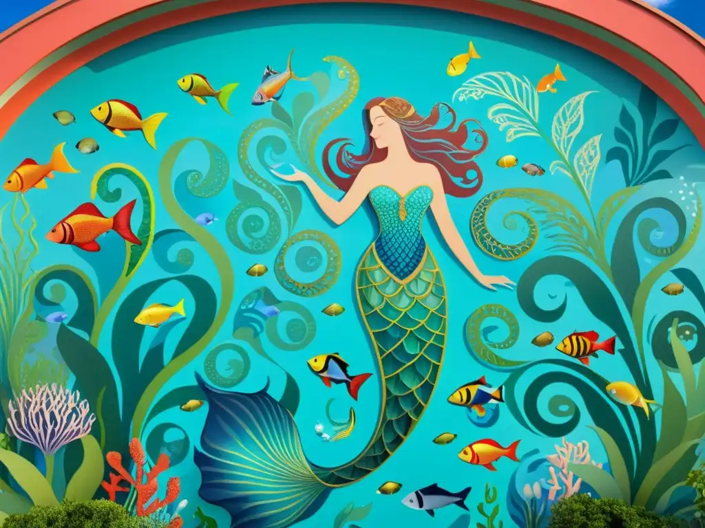 Un mural de sirena con escamas brillantes y un entorno submarino exuberante