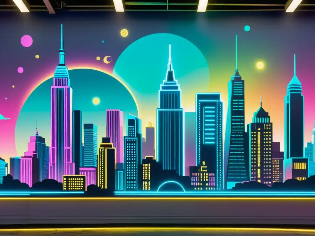 Un mural urbano que fusiona lo clásico con lo futurista, creando patrones con luces neón y hologramas