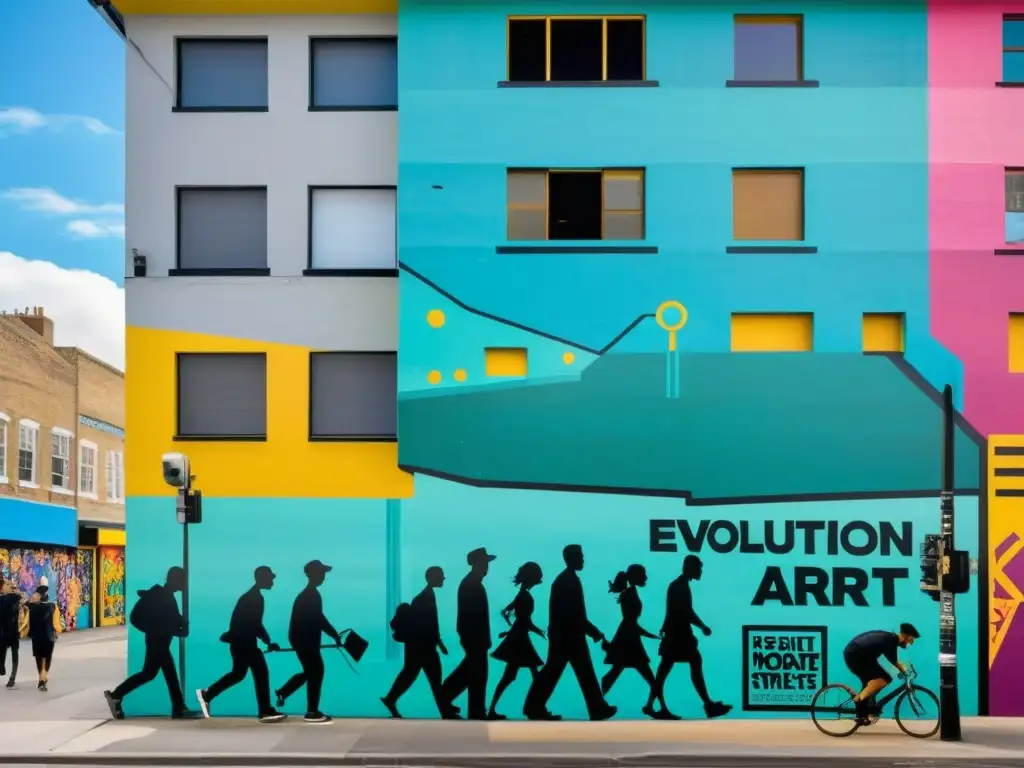 Un mural vibrante que muestra la evolución del arte callejero, desde grafitis clásicos hasta murales complejos y coloridos