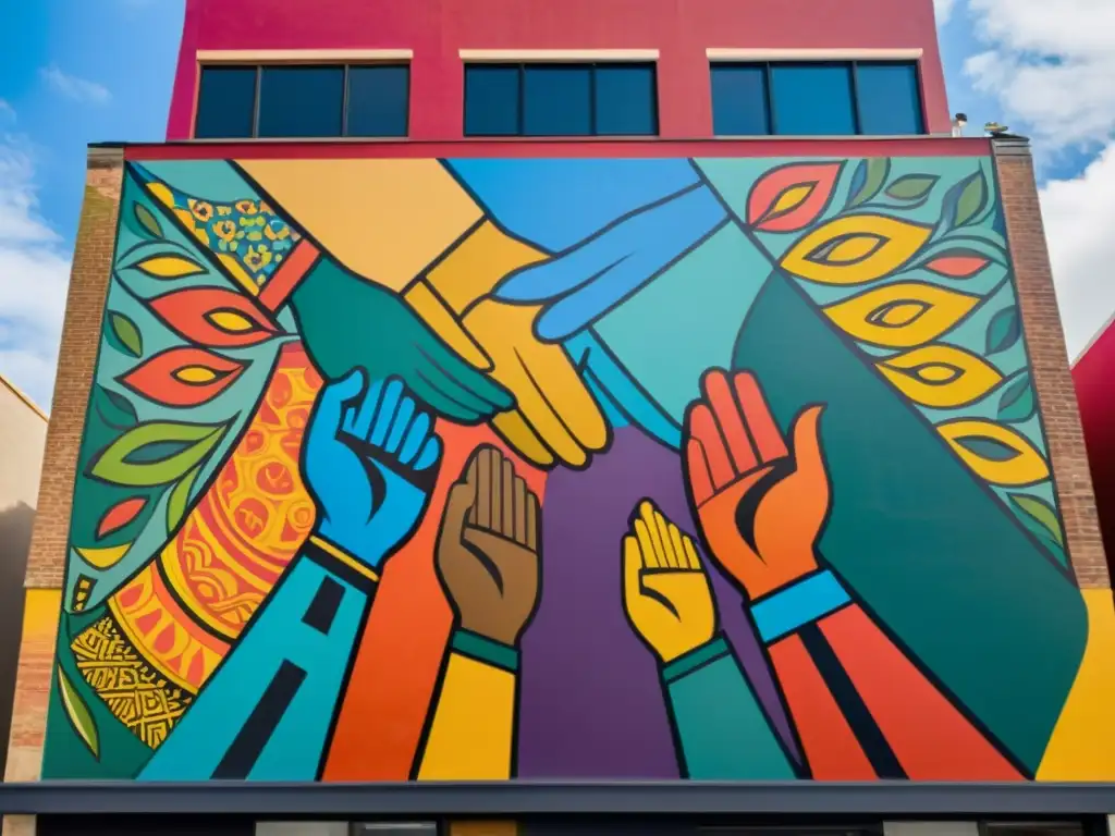 Un mural vibrante en una ciudad bulliciosa muestra personas unidas en diversidad