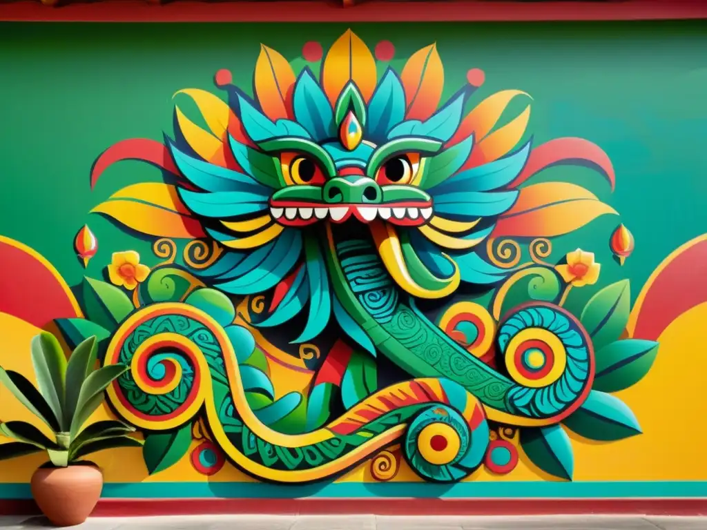 Un mural vibrante e inspirado en el vintage de Quetzalcóatl adorna las paredes de un templo mexicano