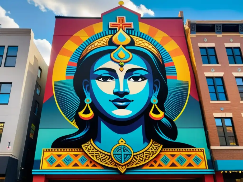 Un mural vibrante de patrones religiosos reimaginados en la cultura urbana