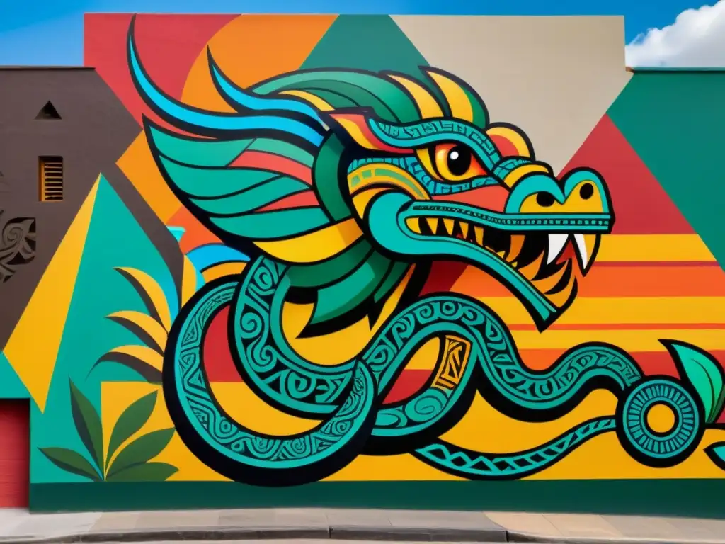 Un mural vibrante de una serpiente Quetzalcoatl entrelazada con patrones de graffiti moderno, frente a pirámides aztecas y bulliciosas calles urbanas