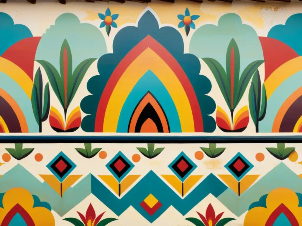 Un mural vintage de patrones artísticos mexicanos con colores vibrantes y detalles intrincados, reflejando la belleza cultural