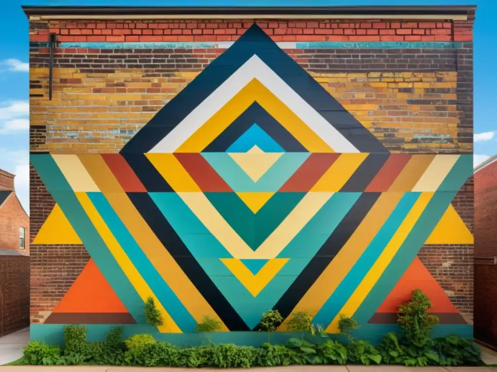 Un mural vintage con patrones intricados y colores vibrantes en una pared de ladrillo desgastada