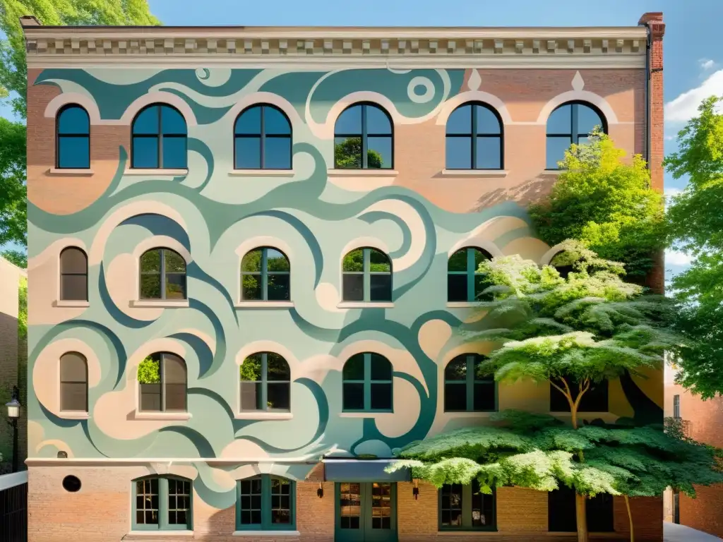 Un mural vintage con patrones intrincados de enredaderas y motivos florales delicados, en tonos suaves y tenues