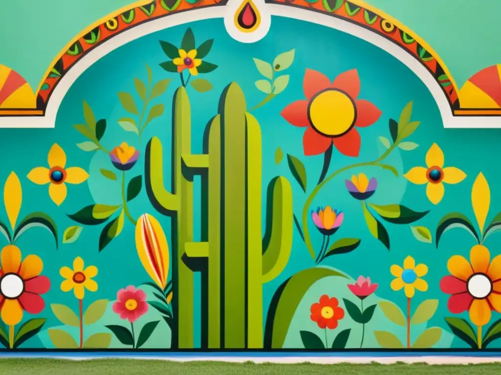 Un mural vintage vibrante con patrones artísticos en murales mexicanos, colores vivos y detalles intrincados que representan motivos culturales