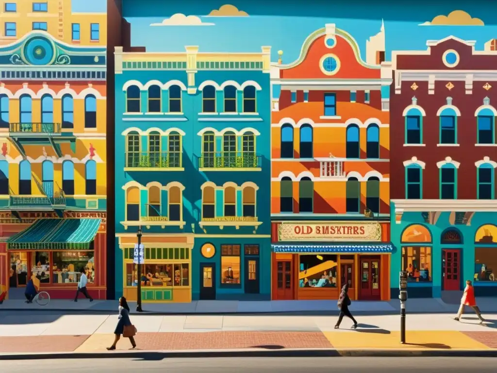 Un mural vintage con vida urbana vibrante y detalles intrincados