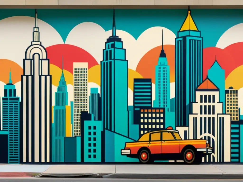 Invertir en murales con patrones: Un mural vintage con una ciudad bulliciosa, patrones geométricos y colores vibrantes, que evoca elegancia y progreso