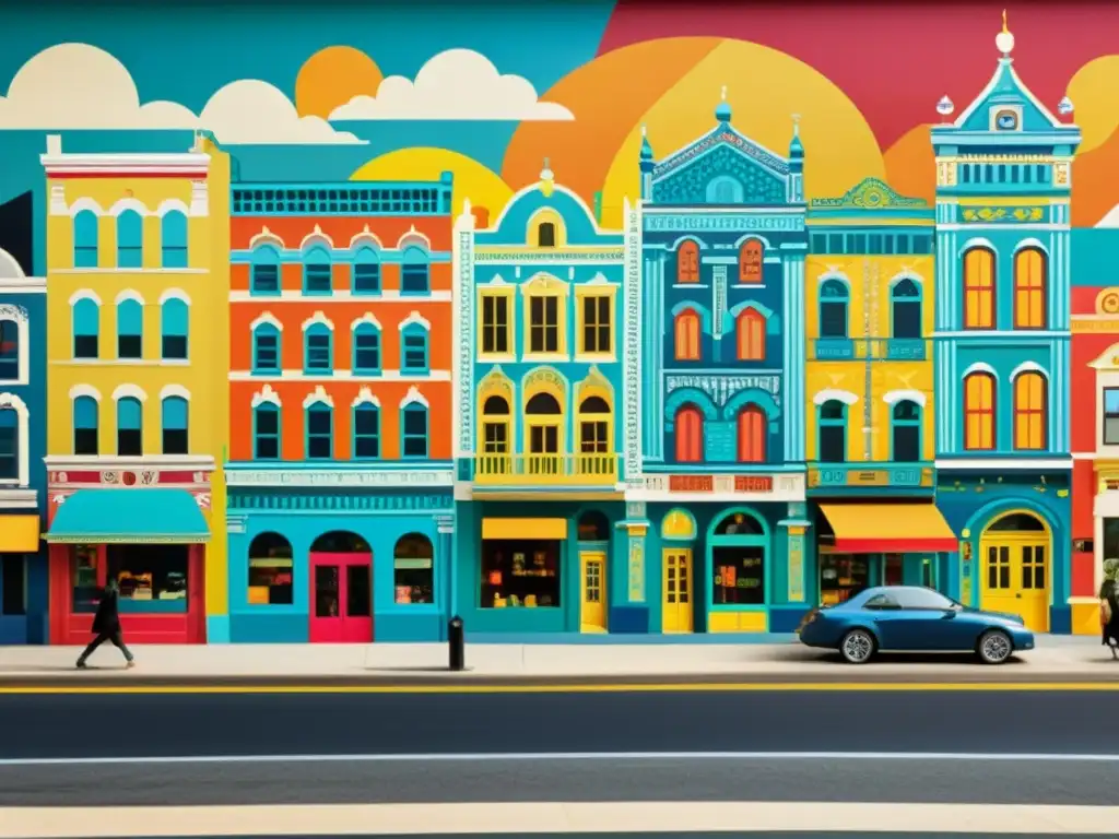 Invertir en murales con patrones: Mural vintage de ciudad bulliciosa con detalles ornamentales y colores vibrantes