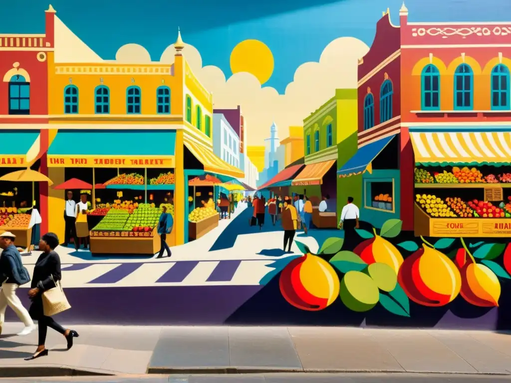 Invertir en murales con patrones: Un mural vintage con patrones intrincados y colores llamativos adorna una pared de la ciudad con escenas animadas de un bullicioso mercado, frutas vibrantes, flores y personajes animados