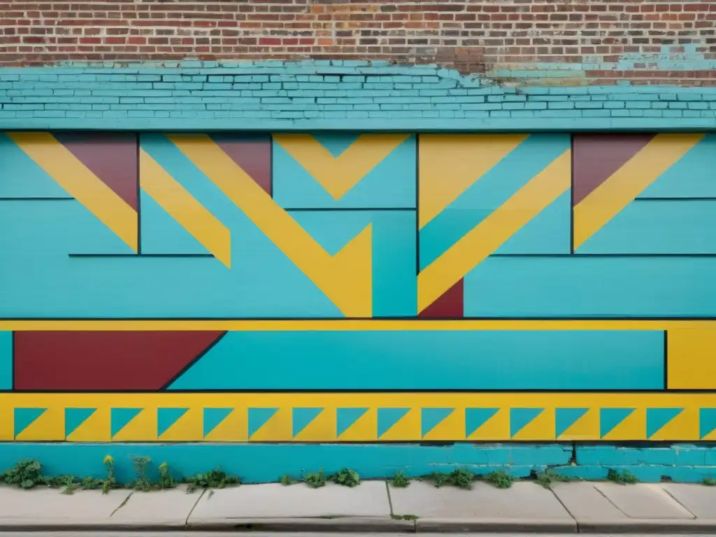 Invertir en murales con patrones: un mural vintage con patrones geométricos y diseños vívidos en una pared de ladrillo en una ciudad bulliciosa