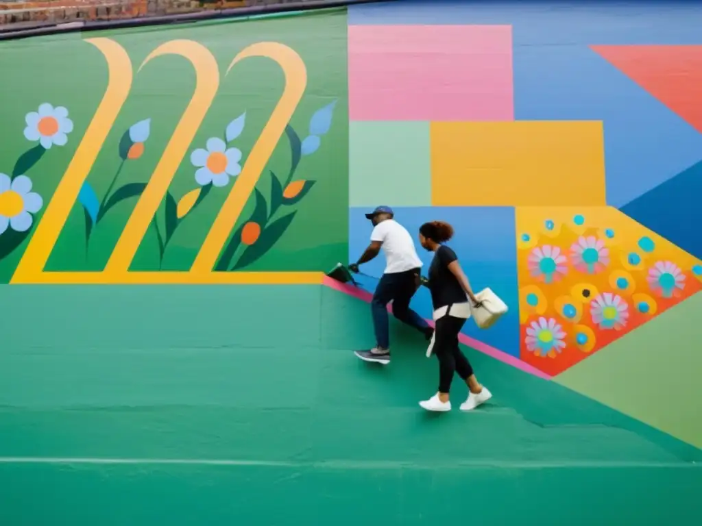 Invertir en murales con patrones: Renombrados artistas pintan un mural vibrante y detallado en la ciudad, con un toque nostálgico y atmosfera creativa