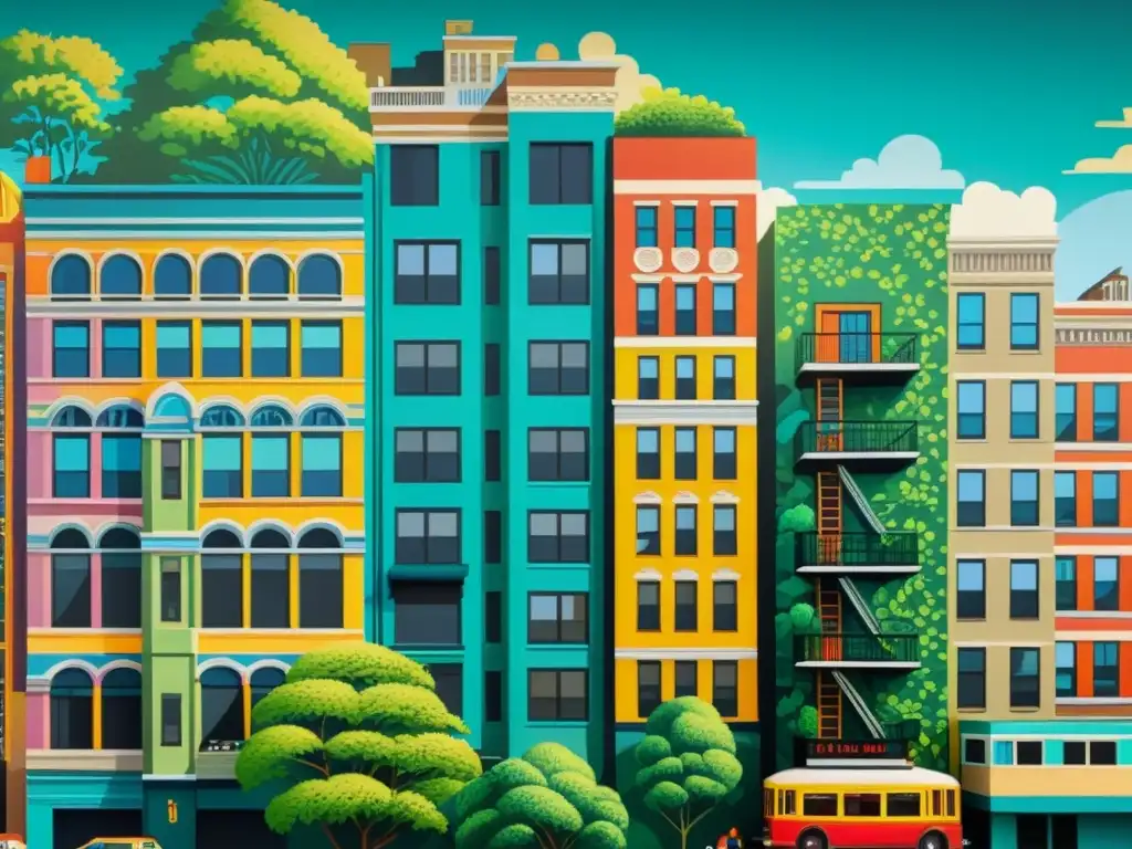 Invertir en murales con patrones: Un vibrante mural vintage cubriendo un edificio, con patrones geométricos, colores llamativos y escenas urbanas