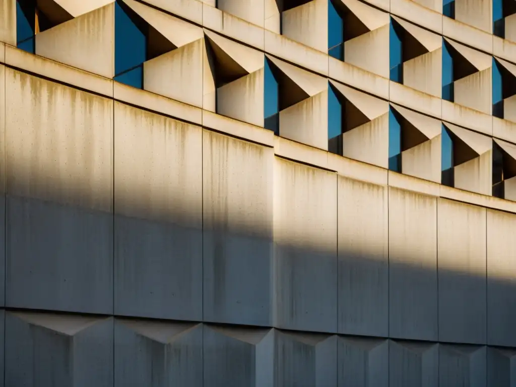 Un muro de concreto envejecido con un patrón geométrico, jugando con luces y sombras bajo el sol de la tarde