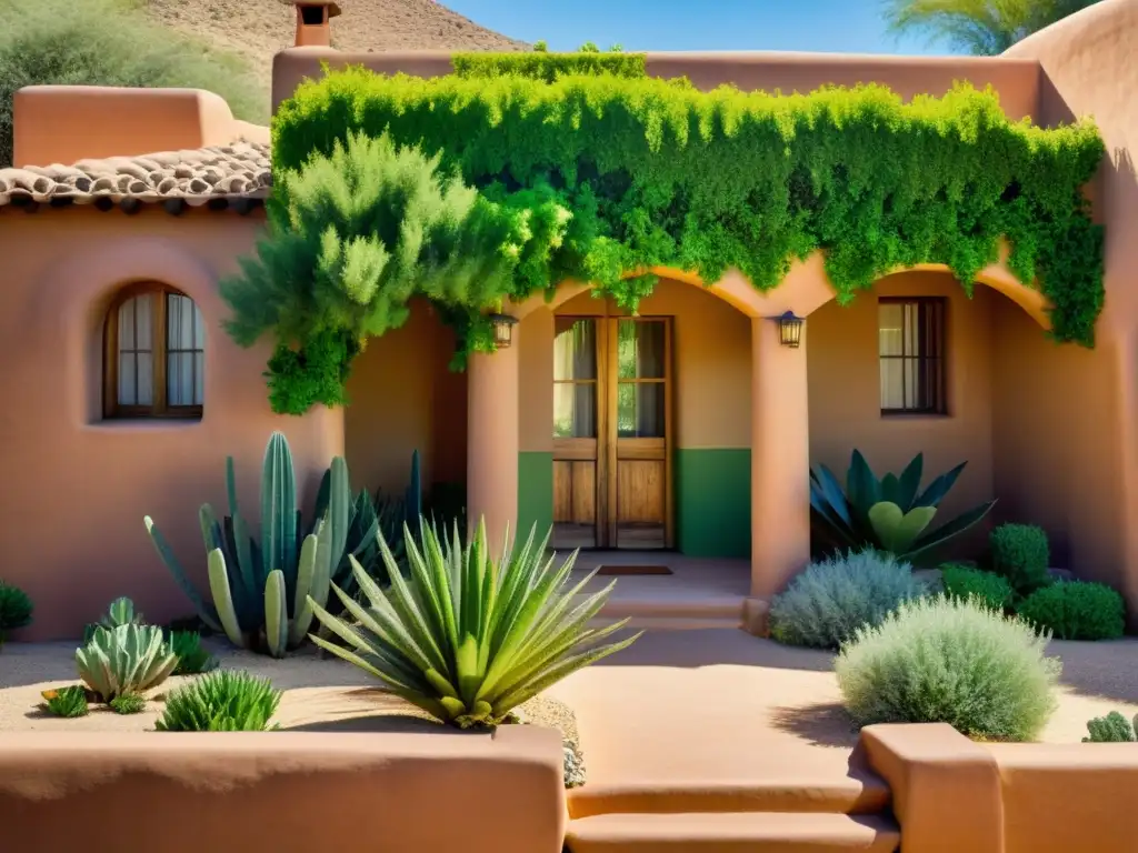 Muros verdes beneficios sostenibles: Casa de adobe con jardines verticales, creando una hermosa fusión de arquitectura y naturaleza