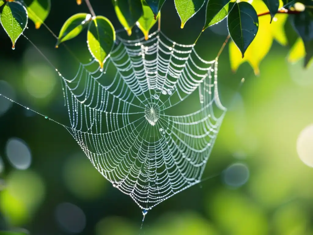 Patrón natural de una tela de araña en un árbol, con rocío matutino