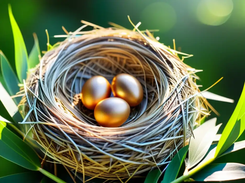 Un nido de pájaro bellamente tejido con ramitas, hierbas y plumas, resaltando la función estructural de patrones en nidos