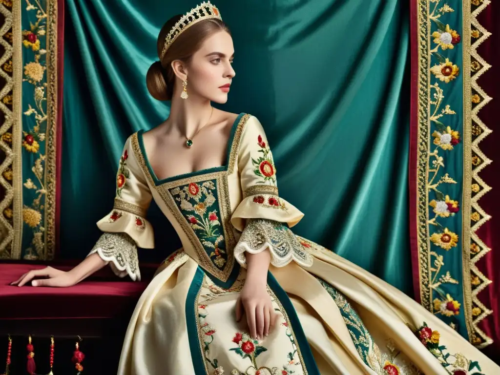 Una noble dama medieval en un lujoso vestido adornado con patrones textiles, joyas y un castillo de fondo