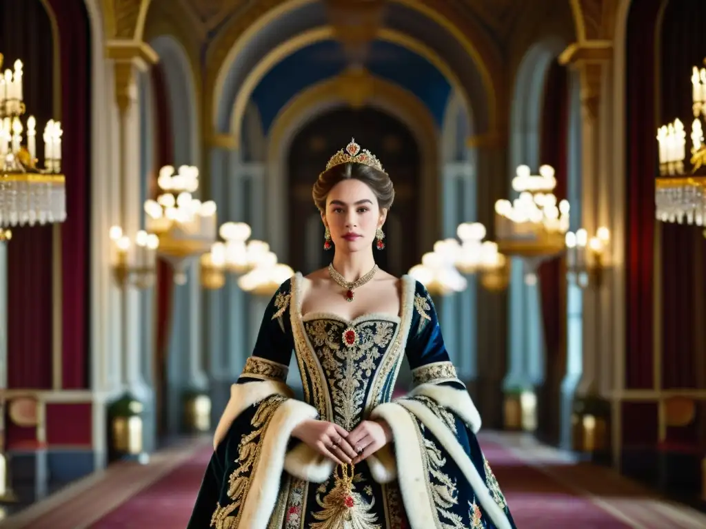 Una noble mujer en un lujoso vestido con patrones en la indumentaria nobleza europea, en un elegante salón decorado con tapices y candelabros dorados