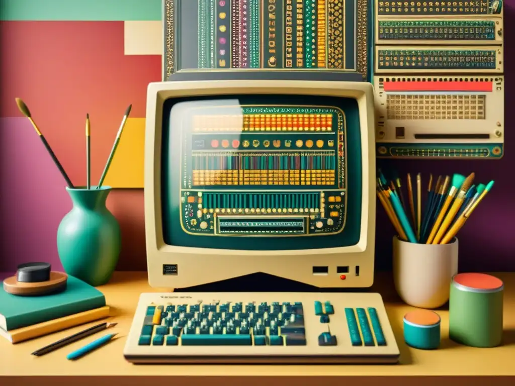 Una nostálgica computadora vintage rodeada de suministros artísticos, con patrones y código en la pantalla