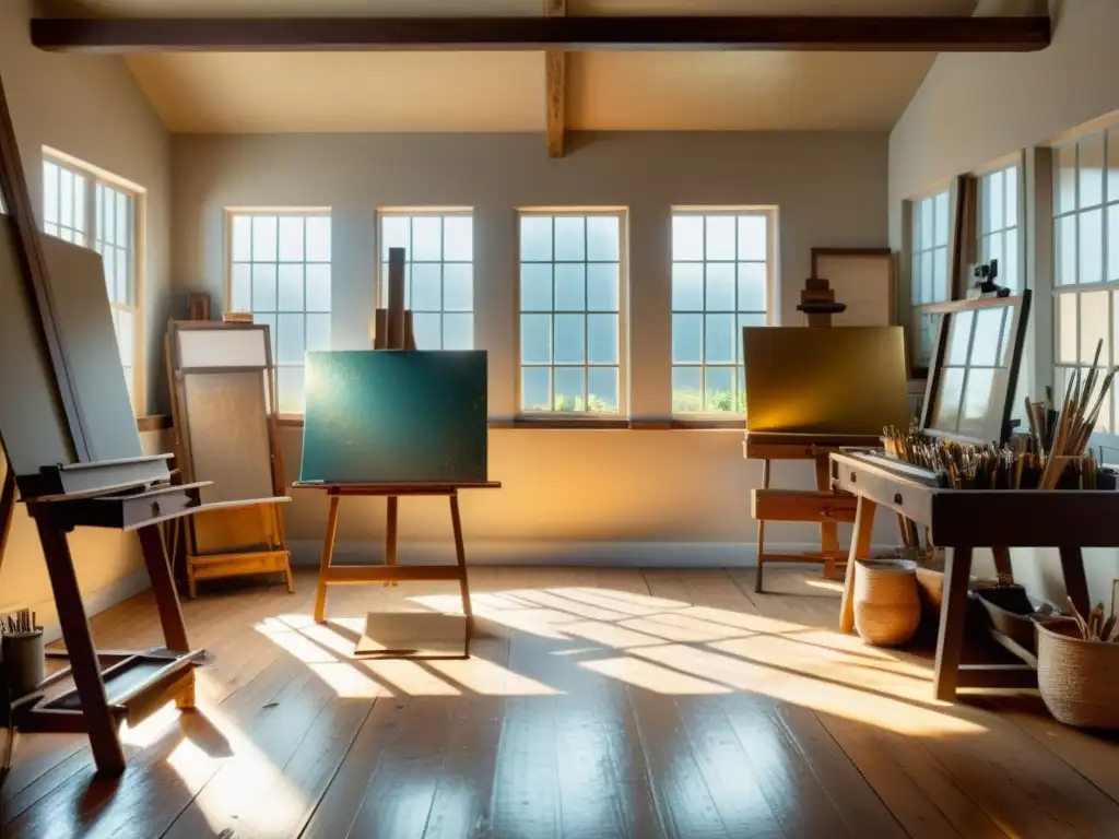 Una nostálgica y encantadora escena de un estudio de arte vintage, con luz dorada iluminando la rica textura de los lienzos envejecidos