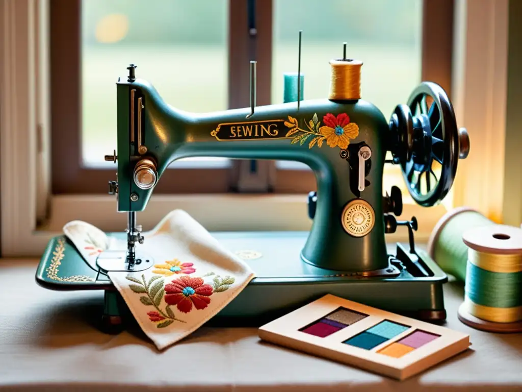 Una nostálgica escena de costura vintage con detalles florales y colores terrosos, iluminada por luz natural