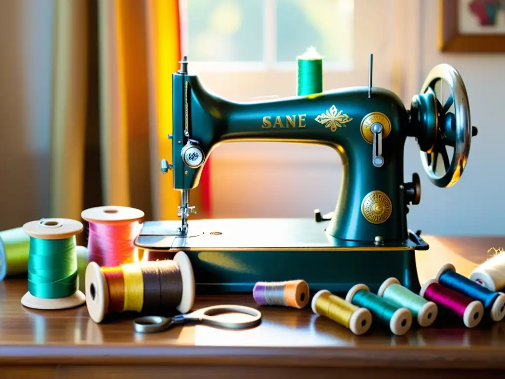 Una nostálgica escena de una máquina de coser vintage sobre una mesa de madera, con hilos de colores, telas y tijeras