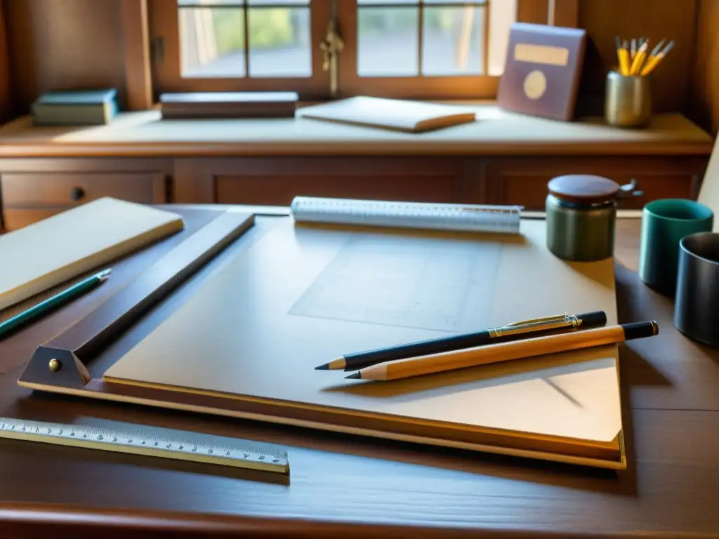 Una nostálgica escena de una mesa de dibujo vintage con herramientas de dibujo, evocando la artesanía atemporal