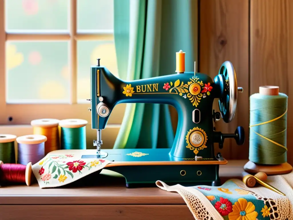 Una nostálgica escena en un taller bien iluminado con una detallada máquina de coser vintage rodeada de hilos de colores, cintas métricas, tijeras y telas