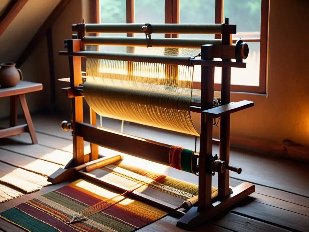 Una nostálgica imagen de un telar tradicional en una habitación tenue, con luz cálida filtrándose a través del polvo