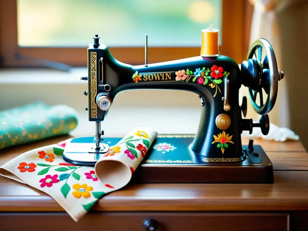 Una nostálgica máquina de coser vintage con detalles florales, rodeada de hilos y telas