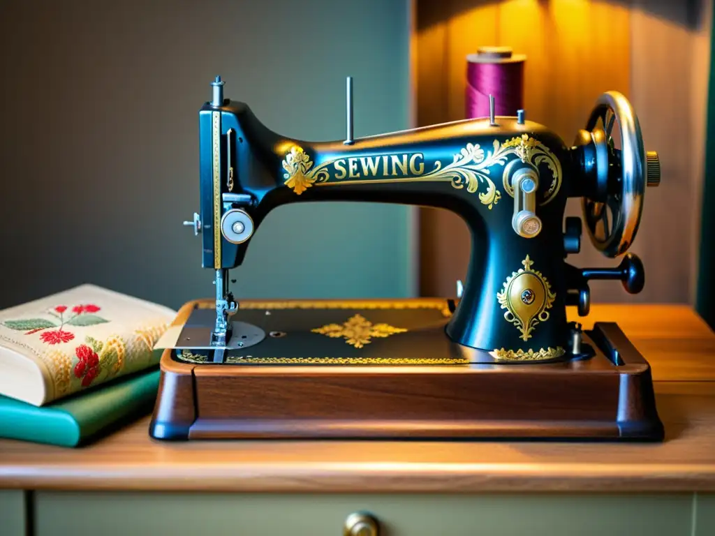 Una nostálgica máquina de coser vintage en una mesa de madera, iluminada suavemente con detalles dorados y rodeada de hilos y herramientas de costura